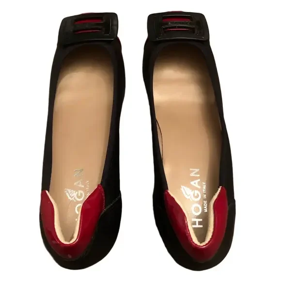 Hogan Block Heel Pumps Black with Red Cap Toe Leather and Patent 2" heel size 38 - Picture 5 of 15